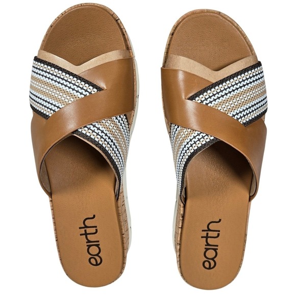 Earth Womens 11M etFINALE Wedge Platform Cork Sandals Brown Tan Beaded‎ Strap